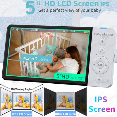 5''IPS Screen Pan-Tilt-Zoom Camera Video Baby Monitor with 30-Hour Battery 2-Way Talk Night Vision Temperature Lullabies SD Card